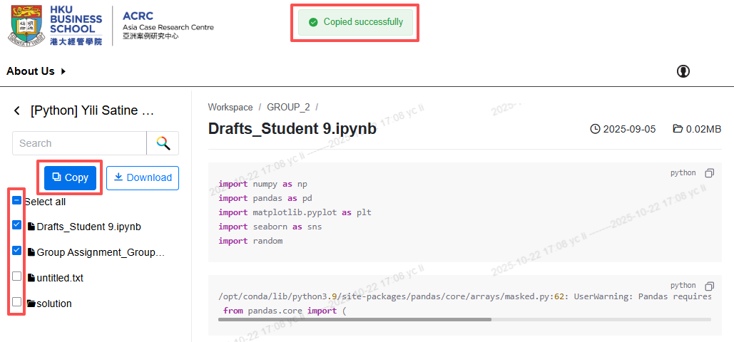 Copy student workspace files to educators' workspace